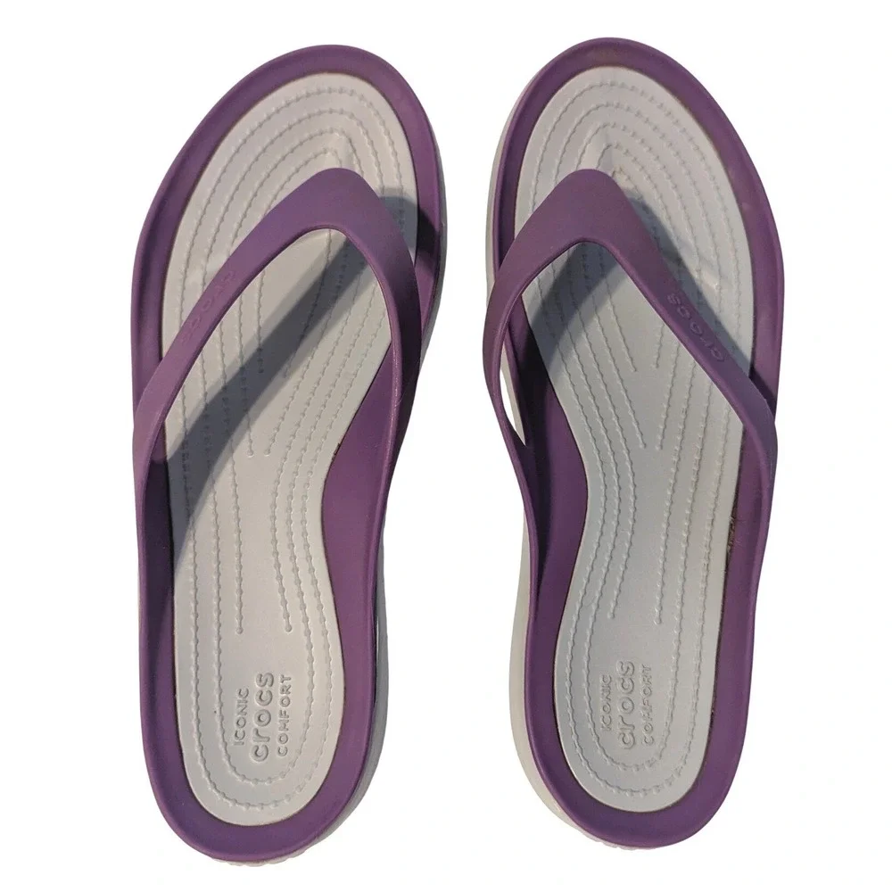 Crocs Womens Size 9 Iconic Comfort Purple Grey Flip Flops Sandals Summer Beach